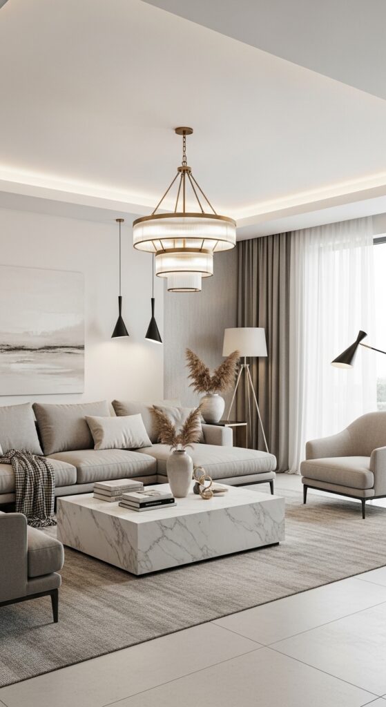 Modern contemporary luxury living room with statement chandelier lighting