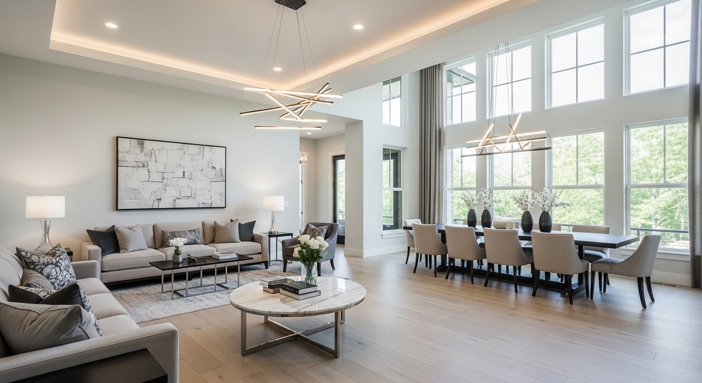 Modern contemporary luxury open concept living room interior