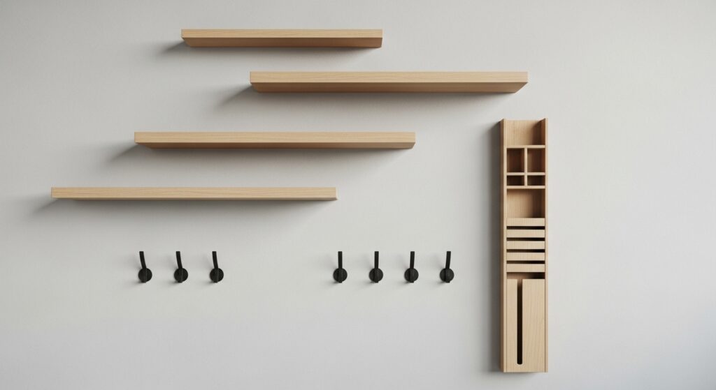 A simple wall with floating shelves, hooks, and a narrow vertical organizer to show how empty wall space can be used smartly.