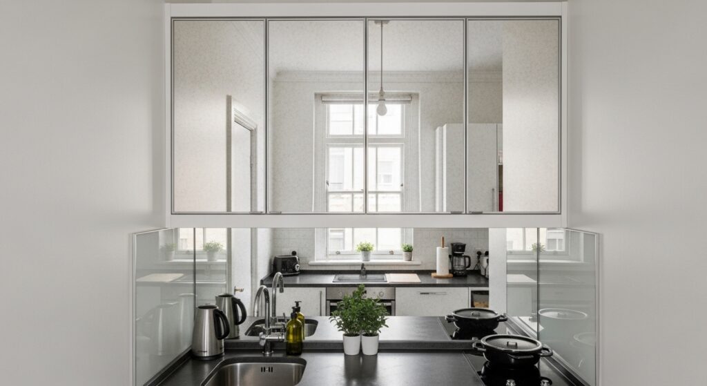 A tiny kitchen with mirrored upper cabinet doors reflecting the room, natural light, and countertops.