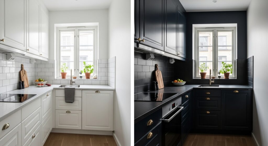 Comparison of light vs dark colors in a tiny kitchen — tiny kitchen ideas for bold homeowners
