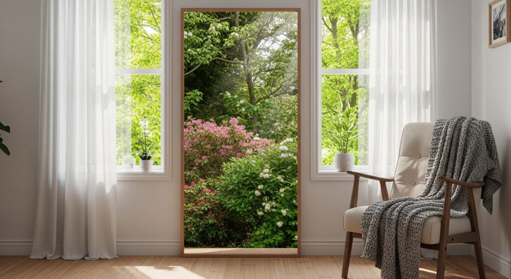 Mirror placed directly across from a window, reflecting outdoor greenery and natural light into a small room.