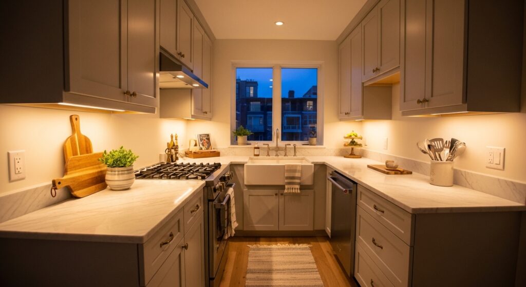 Under-cabinet LED lighting in a tiny kitchen creating warmth and the illusion of space