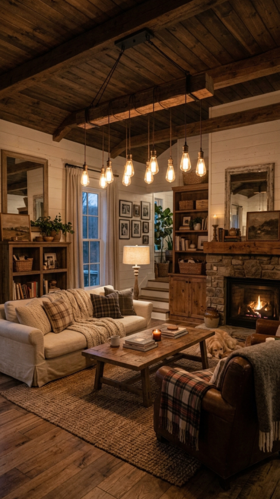 Farmhouse living room lighting ideas and decor