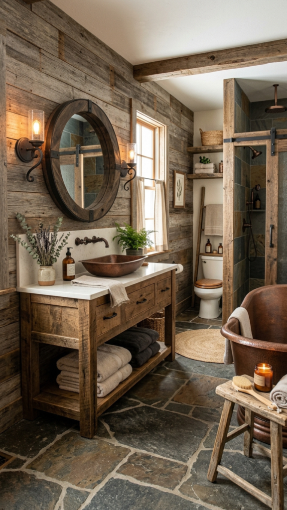 Complete rustic bathroom design with wood vanity, stone sink, and warm lighting